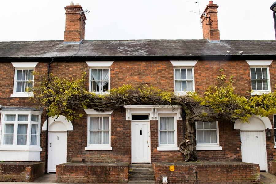 The front of a red-brick English terraced house with white sash windows